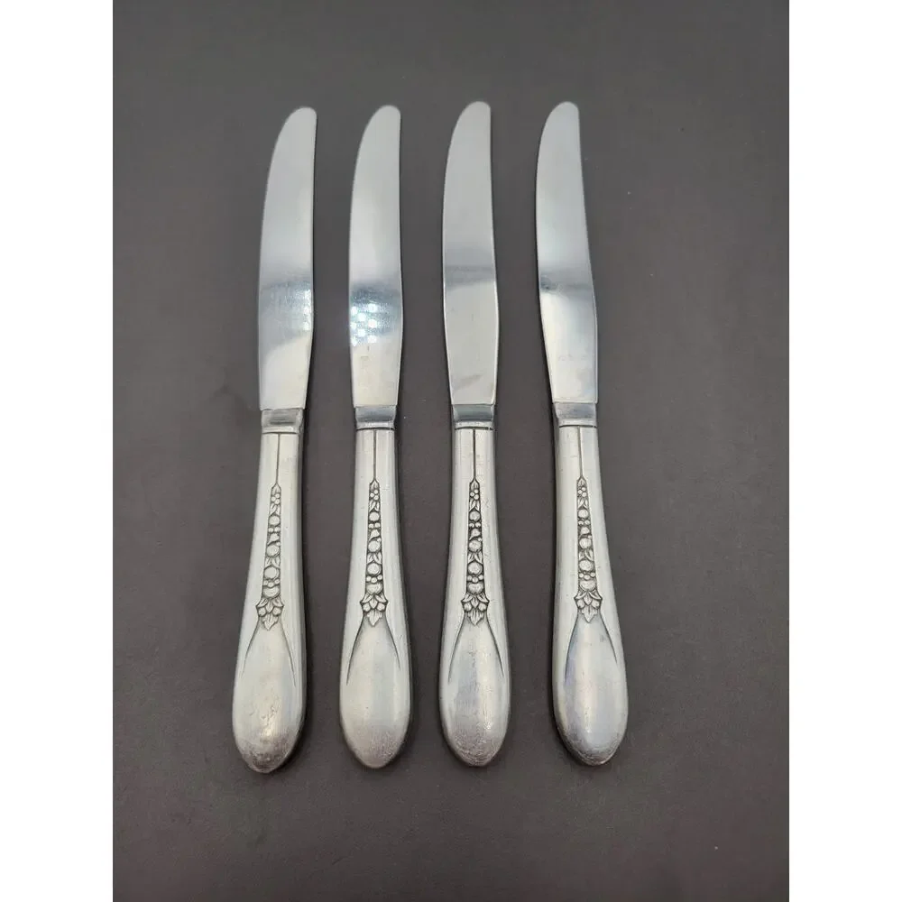 WM Rogers Mfg Set 4 Dinner Knives PRISCILLA LADY ANN Silverplate Flatware Vtg